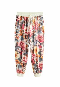 Květinové tepláky s širokým elastickým pasem a šňůrkou. Barvy zahrnují růžovou, žlutou a šedou na smetanovém pozadí. Elastické manžety.