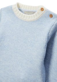 Pull en tricot bleu clair avec un col côtelé blanc et deux boutons en bois à l'épaule.