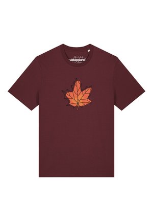 T-shirt à manches courtes marron avec un grand motif de feuille d'automne orange centré à l'avant.