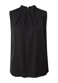Blouse noire sans manches avec un col montant, de subtils plis à l’avant et un petit détail en tissu près du col.