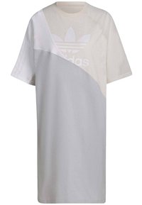 T-shirt oversized grigio chiaro e bianco con maniche raglan, caratterizzato da un grande logo Adidas bianco sul davanti e un design color-block.