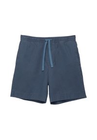 Blaue Baumwollshorts mit einem elastischen Bund und verstellbarem Kordelzug. Gekettelte Kanten und eine glatte, matte Textur.