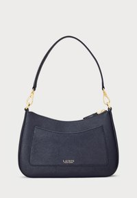 Σα πολύχρωμη μπλε δερμάτινη τσάντα ώμου με μπροστινή τσέπη, χρυσές λεπτομέρειες, κλείσιμο με φερμουάρ και λογότυπο "Lauren Ralph Lauren" σε χρυσά γράμματα.