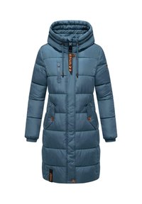 Padded teal coat with a hood, featuring a front zipper, two side pockets, and contrasting orange hardware accents. Adjustable cuffs.