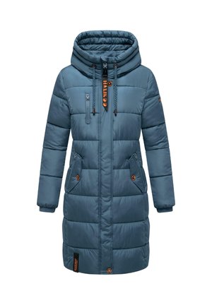 Padded teal coat with a hood, featuring a front zipper, two side pockets, and contrasting orange hardware accents. Adjustable cuffs.