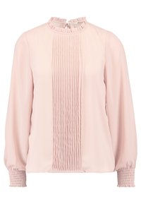 Helles rosa Langarmbluse mit gefälteltem Vorderteil, gerafften Bündchen und einem rüschierten hohen Kragen mit einem kleinen Knotenverschluss auf der Rückseite.