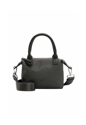 Petit sac à main noir en matériau lisse, doté de deux poignées supérieures, d'une bandoulière amovible et d'un design minimaliste avec des accessoires métalliques.