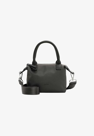 Small black handbag made of smooth material, featuring dual top handles, detachable strap, and minimalistic design with accent hardware.