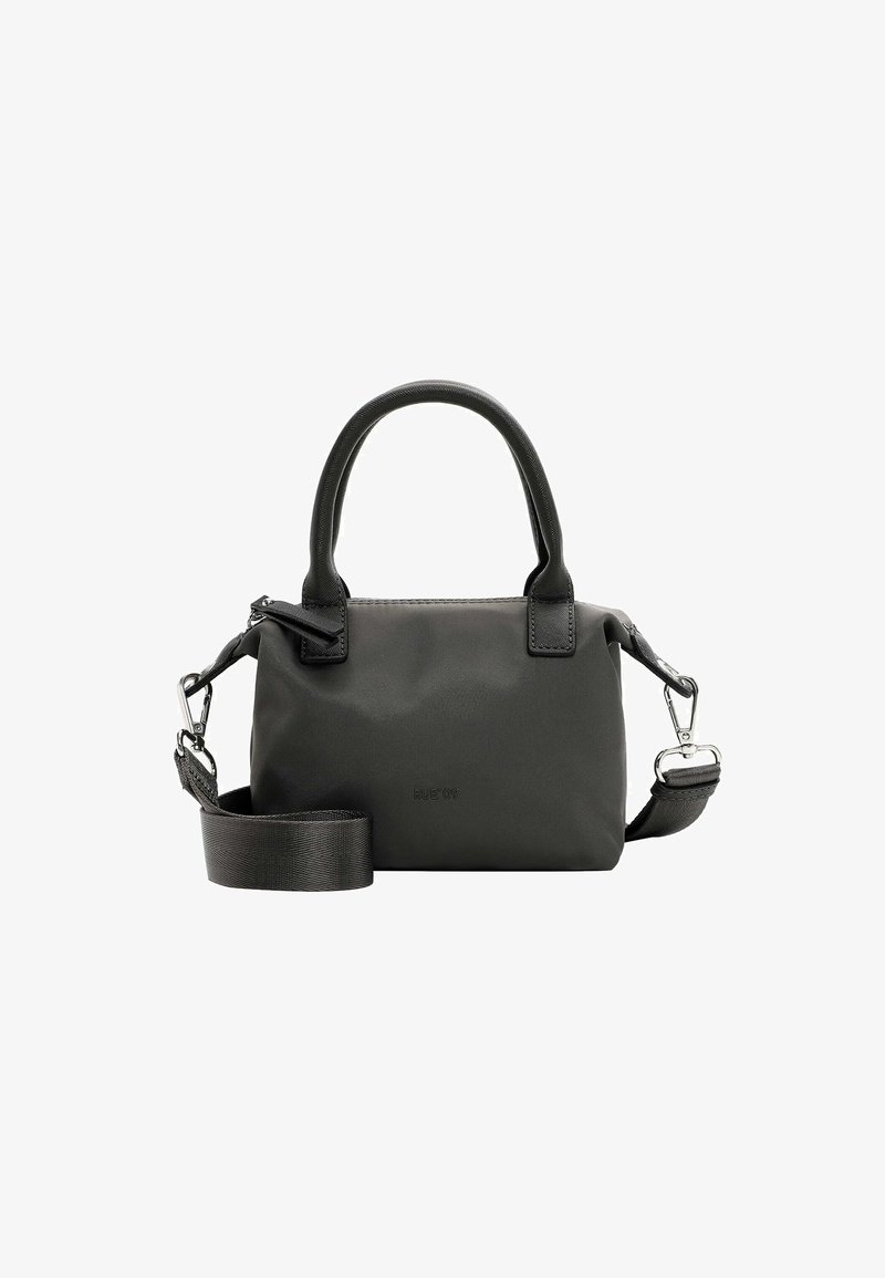 Piccola borsa nera realizzata in materiale liscio, con manici superiori doppi, tracolla staccabile e design minimalista con hardware in evidenza.