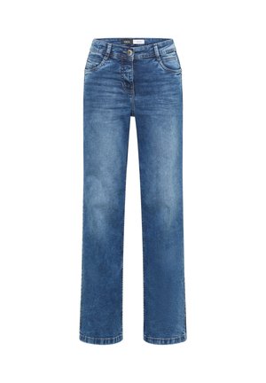 Jean en denim bleu à jambes droites avec bouton frontal et poches, détails délavés sur les cuisses et les genoux, étiquette "Cecil Denim" à l'intérieur de la ceinture.