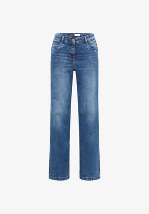 Blauwe denim jeans met rechte pijpen, voorzien van een knoop aan de voorkant en zakken, met vervaagde details op dijen en knieën, binnenin de tailleband gelabeld "Cecil Denim".