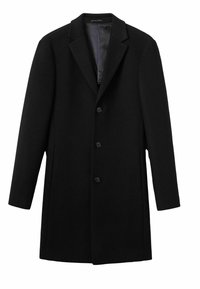 Cappotto di lana nera con colletto a revers, cinque bottoni frontali, tasche laterali e una fodera interna liscia. Design minimalista, taglio a lunghezza media.