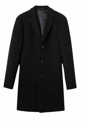 Cappotto di lana nera con colletto a revers, cinque bottoni frontali, tasche laterali e una fodera interna liscia. Design minimalista, taglio a lunghezza media.