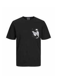 Sort bomulds t-shirt med rund hals og korte ærmer. Har en lomme i sort-hvidt mønster på venstre bryst.
