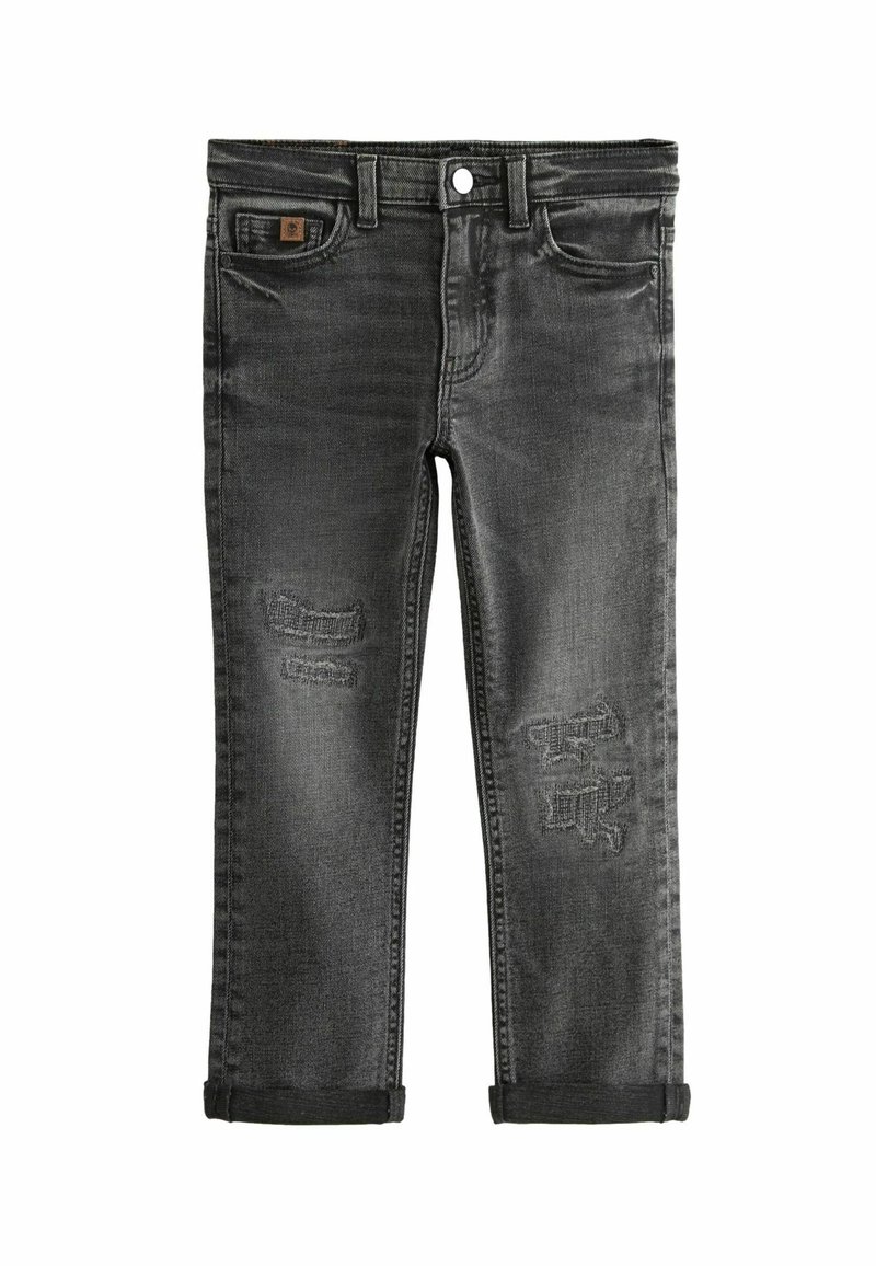 Jeans in denim nero con toppe strappate, design classico a cinque tasche e orli arrotolati alle caviglie. Chiusura standard con zip e bottone.