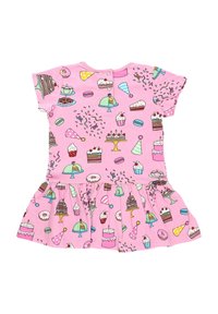 Rosa Kleid mit einem gedruckten Muster von verschiedenen Desserts, einschließlich Kuchen, Eiscreme und Donuts. Kurze Ärmel und design mit gerafftem Rock.
