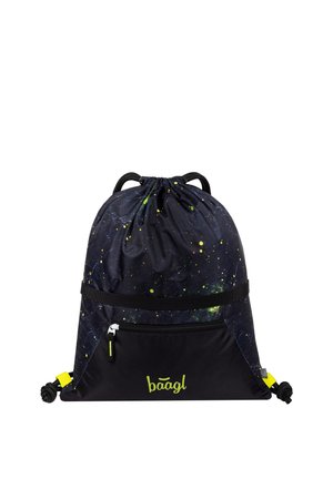 Zaino nero con coulisse con motivo macchiato giallo-verde, tasca frontale con cerniera e logo "baagl" con scritta giallo-verde.