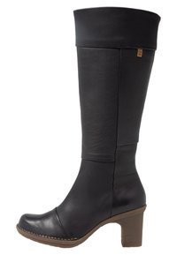 Black leather knee-high boot with a rounded toe, block heel, and folded cuff. Features stitching along the sole and a small brand tag.
