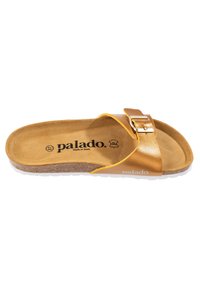 Sandal a infradito marrone con una fascia metallica dorata, caratterizzata da un dettaglio con fibbia, soletta in sughero e suola testurizzata per una buona aderenza. Marchio visibile sulla soletta.