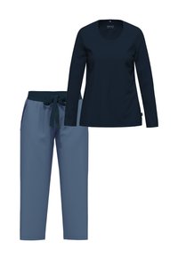 Marinblus med lång ärm kombinerad med ljusblå byxor med snörning, både avslappnade och löst sittande.
