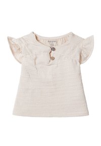 Kurze Ärmel, cremefarbener Kindershirt aus strukturiertem Stoff, mit rundem Ausschnitt und zwei Holzknöpfen auf der Vorderseite.