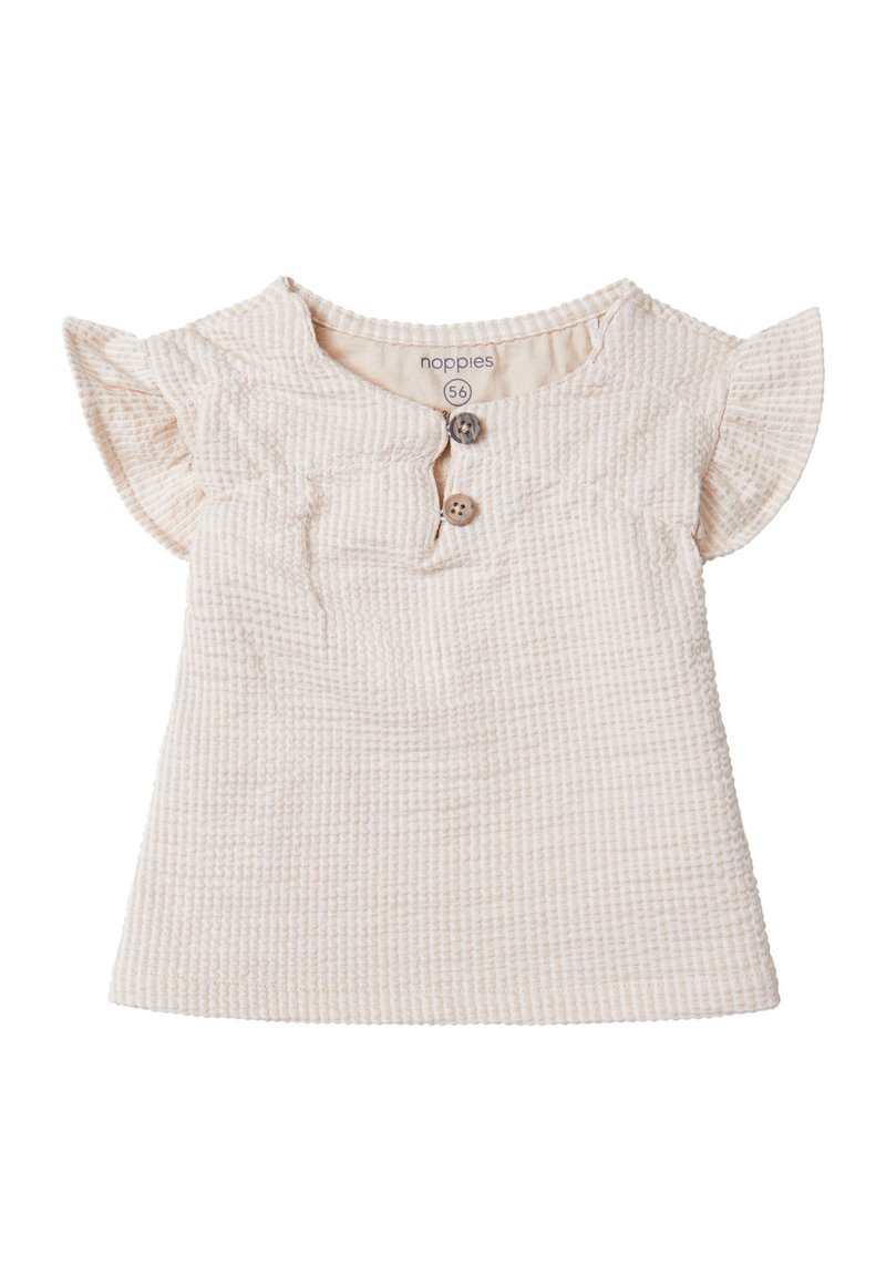 Kurze Ärmel, cremefarbener Kindershirt aus strukturiertem Stoff, mit rundem Ausschnitt und zwei Holzknöpfen auf der Vorderseite.