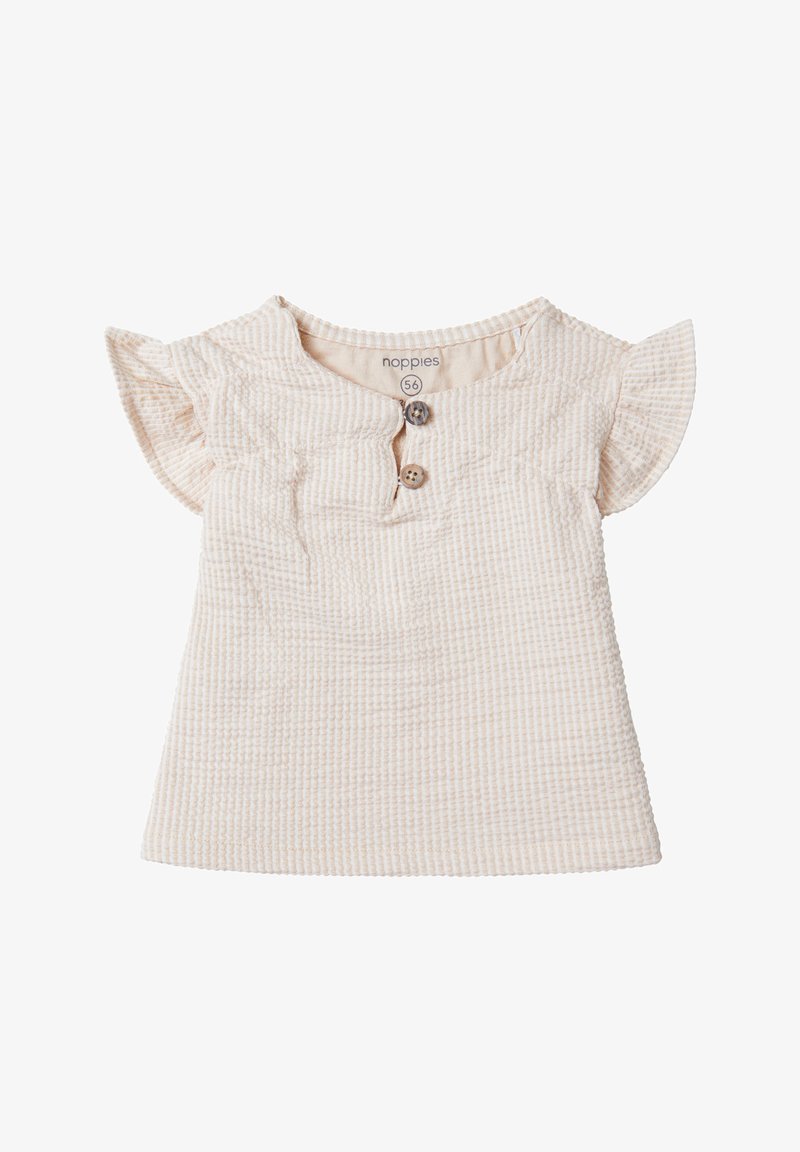 Kurze Ärmel, cremefarbener Kindershirt aus strukturiertem Stoff, mit rundem Ausschnitt und zwei Holzknöpfen auf der Vorderseite.