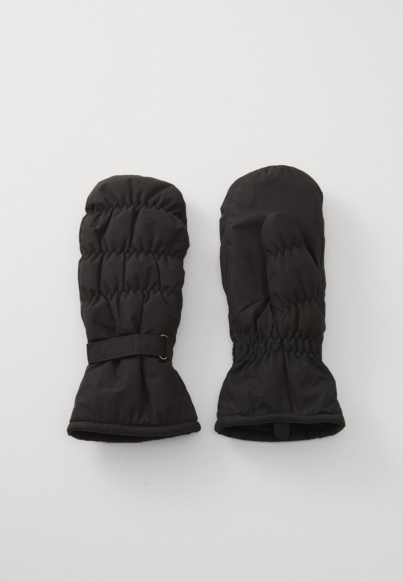 Zwarte gewatteerde wanten met elastische manchetten en een riemdetail. Zacht, gladde stof met een puffy textuur voor isolatie en warmte.