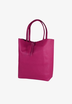 Fuchsia leather tote bag with two long handles and a drawstring closure, featuring a textured surface and rectangular shape.