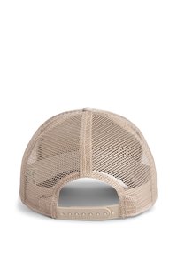 Beige baseball cap with a mesh back, adjustable strap, and round top button. Lightweight material with a textured surface. Simple design.