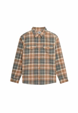 Chemise à carreaux en gris, marron et orange. Comprend des manches longues, un col et deux poches avant. Texture de tissu douce.