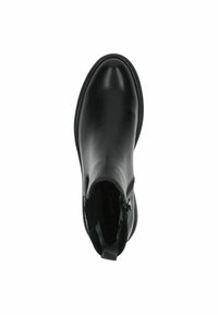Stivale alla caviglia in pelle nera con finitura liscia, punta arrotondata, chiusura con zip laterale e una linguetta sul retro. Design elegante e minimalista.