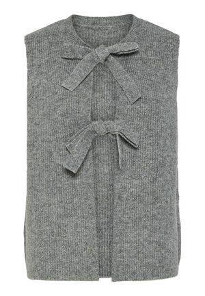 Šedá pletená vesta bez rukávů s dvěma látkovými mašlemi uvázanými vpředu a žebrovanou strukturou po celé ploše.