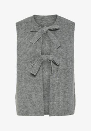 Šedá pletená vesta bez rukávů s dvěma látkovými mašlemi uvázanými vpředu a žebrovanou strukturou po celé ploše.