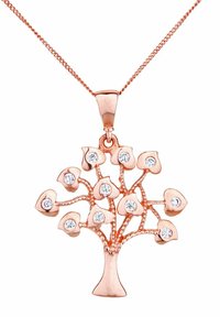 Rosa guld træ vedhængsørering med hjerteformede blade og runde, glitrende sten; har en delikat kæde og poleret finish.