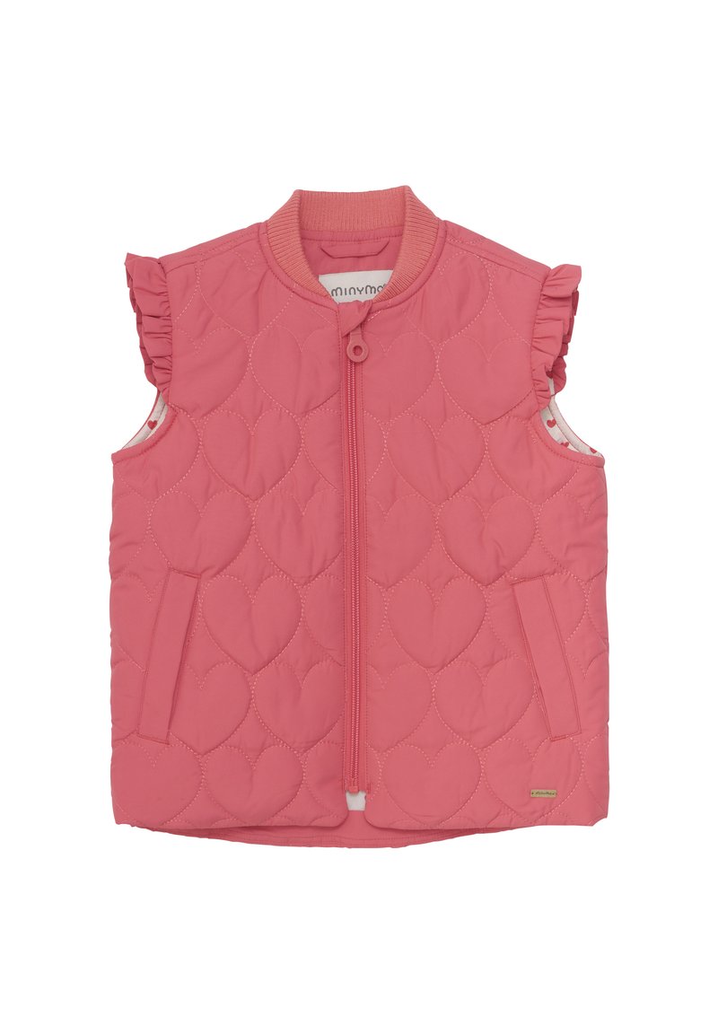 Gestepptes pinkes Weste mit Herzmustern, ärmelloses Design, geraffte Schulterausschnitte, Reißverschluss vorne und seitliche Taschen. Weicher Stoff.