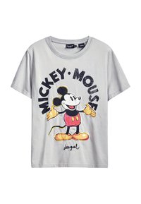 T-shirt en coton gris clair à col rond, avec un graphisme coloré de Mickey Mouse et un texte noir en gras, "MICKEY MOUSE" imprimé tout autour.