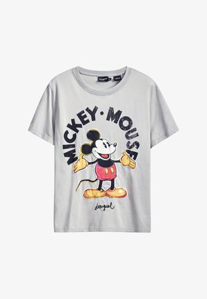 Heledad hallhallane puuvillane T-särk ümmarguse kaelusega, millel on värvikas Mickey Mouse'i graafika ja julged mustad tähed "MICKEY MOUSE" ümber printitud.