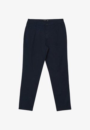 Pantaloni tapered blu navy con pince, realizzati in un tessuto liscio. Presentano una chiusura frontale con bottone e tasche laterali.