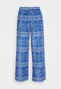 Pantalon bleu à motifs avec une taille à cordon. Présente des motifs géométriques blancs sur toute la surface et une coupe ample et large. Tissu léger.