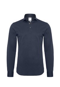 Navy lange mouwen polo shirt gemaakt van katoen, met een sluiting met drie bruine knopen en een klassieke kraag. Gladde textuur, zonder patronen.