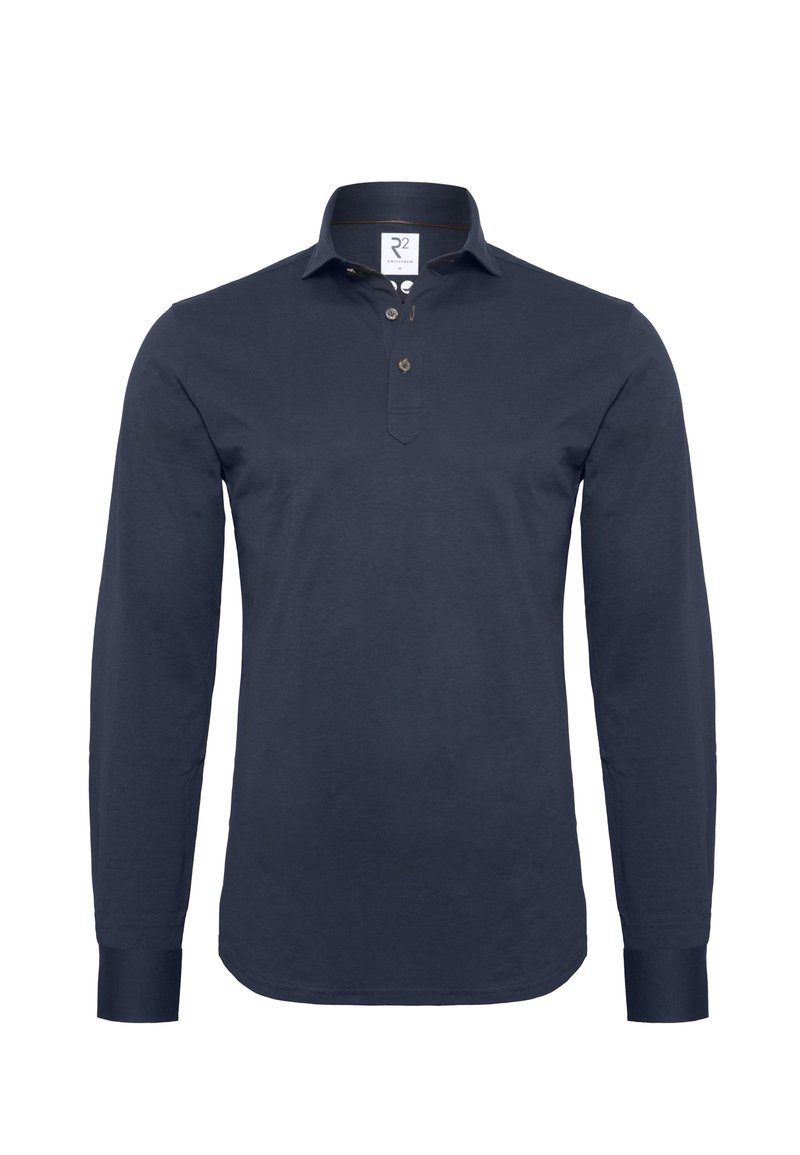 Navy lange mouwen polo shirt gemaakt van katoen, met een sluiting met drie bruine knopen en een klassieke kraag. Gladde textuur, zonder patronen.