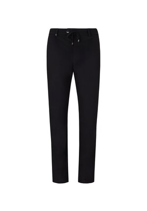 Pantaloni neri aderenti con passanti per cintura, bottone frontale, chiusura con zip e coulisse regolabile in vita.