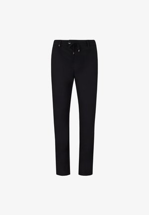 Pantaloni neri aderenti con passanti per cintura, bottone frontale, chiusura con zip e coulisse regolabile in vita.