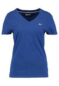 Blue cotton t-shirt with a V-neck and short sleeves. Features a small logo on the chest and a standard fit. Soft texture.
