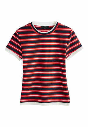 Korte mouw navyblauw T-shirt met rode en witte horizontale strepen, witte bies aan mouwen en halslijn.