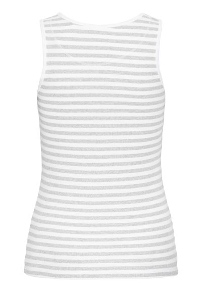 Biały top na ramiączkach z cienkimi, szarymi poziomymi paskami. Posiada okrągły dekolt i bezrękawny krój. Wykonany z miękkiego, lekkiego materiału.