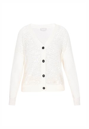Weißer Strickcardigan mit V-Ausschnitt, langen Ärmeln und schwarzen Knöpfen. Verfügt über ein strukturiertes Muster mit dezenten Pailletten. 