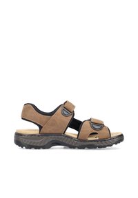 Sandales en cuir marron avec deux sangles ajustables, accents noirs, semelle intérieure rembourrée et semelle en caoutchouc texturé pour une meilleure adhérence.