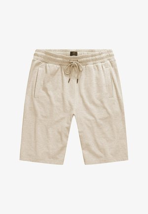 Beige katoenen shorts met een elastische tailleband, verstelbare drawstring en twee zijzakken. Zachte textuur, knielengte ontwerp en subtiele logo-detail.